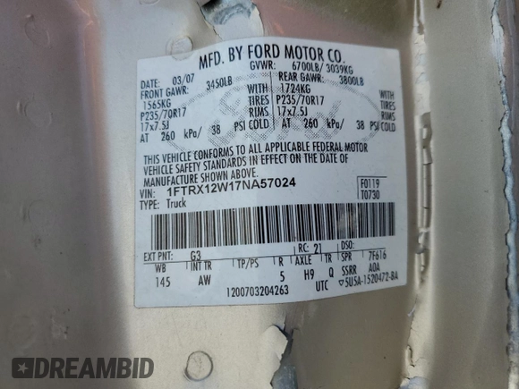 2007 Ford F-150 STX with VIN 1FTRX12W17NA57024, listed as a Copart auction lot 46492695 with Not Provided miles and Salvage Title. Bid and sale history available at carsss.com. Image 13.