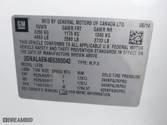 2014 Chevrolet Equinox LS with VIN 2GNALAEK4E6380042, listed as a IAAI auction lot 42102513 with 184,888 mi miles. Bid and sale history available at carsss.com. Image 9.