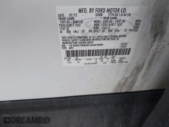 2013 Ford Explorer with VIN 1FM5K7B86DGA91859, listed as a IAAI auction lot 42708893 with 212,989 mi miles and . Bid and sale history available at DreamBid. Image 9.
