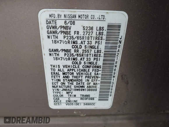 2009 Nissan Murano S with VIN JN8AZ18W69W138889, listed as a IAAI auction lot 42162009 with 97,615 mi miles. Bid and sale history available at carsss.com. Image 9.