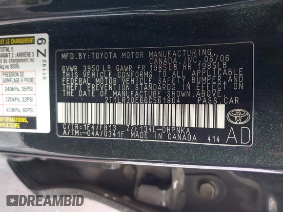 2006 Toyota Matrix STD z VIN 2T1LR30E66C561804, wystawiony jako IAAI lot #41344014 z przebiegiem 198 005 mil mil oraz . Historia ofert i sprzedaży dostępna na DreamBid. Obrazek 9.