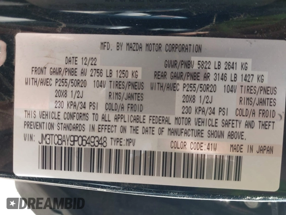 2023 Mazda CX-9 Touring Plus with VIN JM3TCBAY9P0649348, listed as a IAAI auction lot 41519499 with 23,749 mi miles and . Bid and sale history available at DreamBid. Image 9.