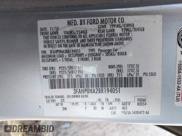 2011 Ford Fusion SE with VIN 3FAHP0HA2BR194051, listed as a IAAI auction lot 41712044 with 64,001 mi miles. Bid and sale history available at carsss.com. Image 9.