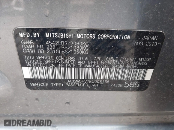 2014 Mitsubishi Lancer Evolution MR with VIN JA32W5FV7EU008165, listed as a IAAI auction lot 41553978 with 49,284 mi miles. Bid and sale history available at carsss.com. Image 9.