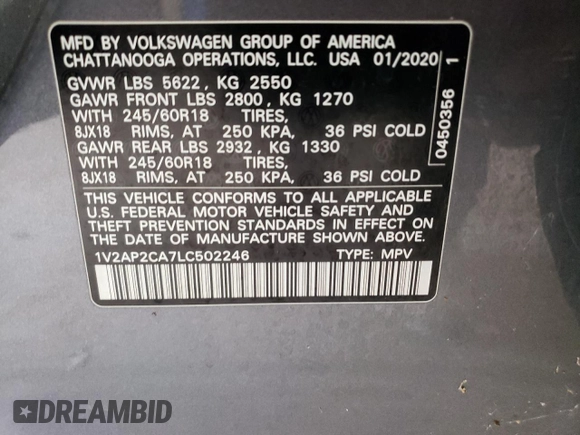 2020 Volkswagen Atlas S с VIN 1V2AP2CA7LC502246, выставлен на аукционе Copart как лот 70684944 с пробегом 38 997 миль миль и Чистый • Clean title. История ставок и продаж доступна на DreamBid. Изображение 13.
