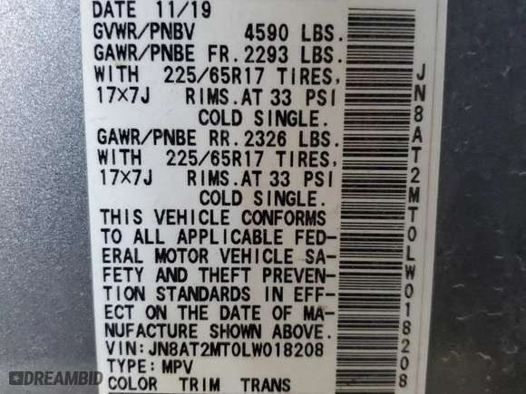 2020 Nissan Rogue SV with VIN JN8AT2MT0LW018208, listed as a Copart auction lot 42638535 with 105,173 mi miles and Salvage Title. Bid and sale history available at carsss.com. Image 12.