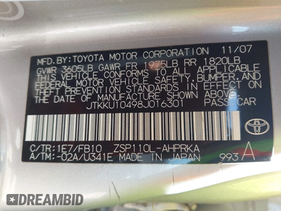 2008 Scion xD with VIN JTKKU10498J016301, listed as a IAAI auction lot 42010128 with 175,225 mi miles. Bid and sale history available at carsss.com. Image 9.