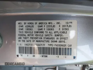 2009 Honda Accord LX-P with VIN 1HGCP26499A047177, listed as a IAAI auction lot 41885819 with 190,111 mi miles and . Bid and sale history available at DreamBid. Image 9.