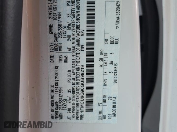 2016 Ford Escape SE с VIN 1FMCU9G90GUB99219, выставлен на аукционе Copart как лот 48174435 с пробегом 116 303 миль миль и Списание • Salvage title. История ставок и продаж доступна на DreamBid. Изображение 15.