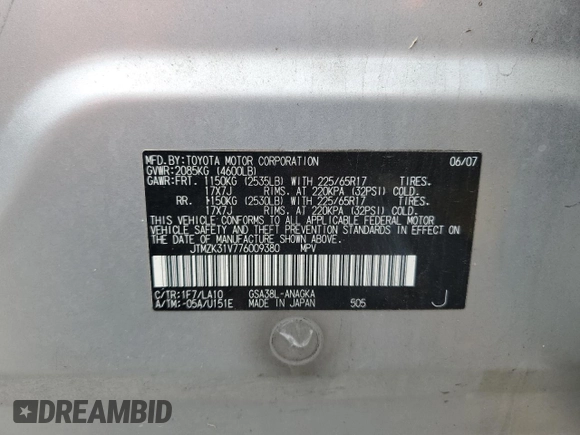 2007 Toyota RAV4 Limited with VIN JTMZK31V776009380, listed as a Copart auction lot 65078915 with 100,637 mi miles and Clean title. Bid and sale history available at DreamBid. Image 13.