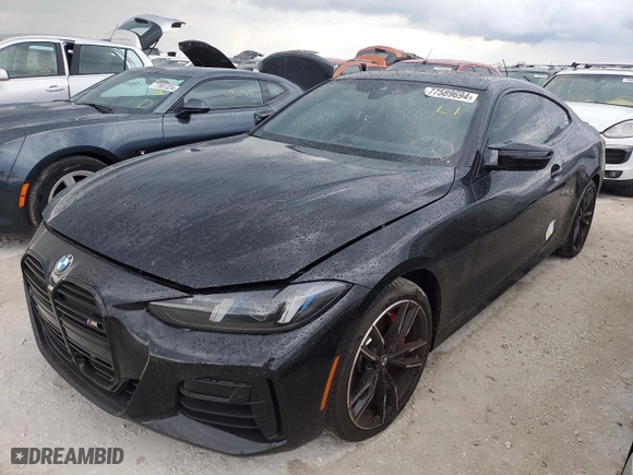 2025 BMW 4 Series M440i xDrive with VIN WBA83DA01SCS26725, listed as a Copart auction lot 77589694 with 2,877 mi miles and Non Repairable. Bid and sale history available at carsss.com. Image 1.