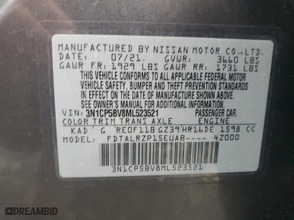 2021 Nissan Kicks S with VIN 3N1CP5BV8ML523521, listed as a Copart auction lot 47611615 with 68,042 mi miles and Salvage Title. Bid and sale history available at carsss.com. Image 13.