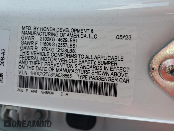 2023 Honda Accord Sport z VIN 1HGCY2F53PA038865, wystawiony jako Copart lot #54108545 z przebiegiem 27 744 mil mil oraz Szkoda całkowita • Salvage title. Historia ofert i sprzedaży dostępna na DreamBid. Obrazek 12.