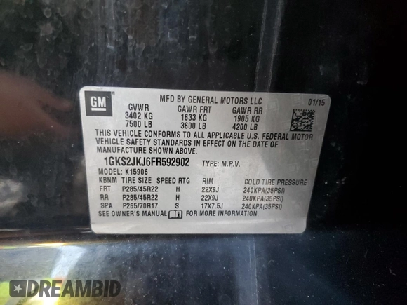 2015 GMC Yukon XL Denali with VIN 1GKS2JKJ6FR592902, listed as a Copart auction lot 81809144 with 226,718 mi miles and Clean Title. Bid and sale history available at DreamBid. Image 13.