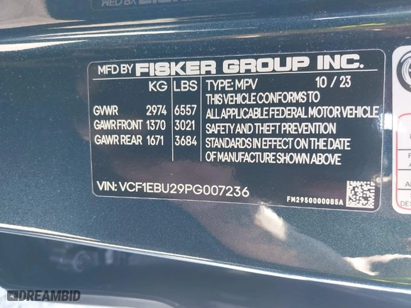 2023 Fisker Ocean Extreme with VIN VCF1EBU29PG007236, listed as a IAAI auction lot 41519846 with 6,251 mi miles. Bid and sale history available at carsss.com. Image 9.