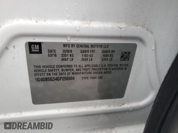 2016 Buick LaCrosse Leather with VIN 1G4GB5G34GF258904, listed as a Copart auction lot 52023855 with 0 mi miles and Salvage Title. Bid and sale history available at carsss.com. Image 12.