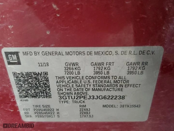 2018 GMC Sierra 1500 Denali with VIN 3GTU2PEJ3JG622238, listed as a Copart auction lot 47074325 with 91,144 mi miles and Salvage Title. Bid and sale history available at carsss.com. Image 12.