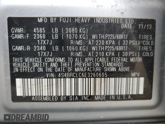 2014 Subaru Outback Limited with VIN 4S4BRCLC6E3260605, listed as a Copart auction lot 59238705 with 85,283 mi miles and Salvage title. Bid and sale history available at DreamBid. Image 14.