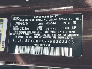 2014 Kia Optima LX with VIN 5XXGM4A77EG303496, listed as a IAAI auction lot 42572421 with 117,151 mi miles and . Bid and sale history available at DreamBid. Image 9.