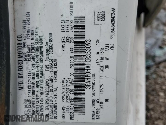 2012 Ford Fusion SE z VIN 3FAHP0HA1CR353093, wystawiony jako Copart lot #57113615 z przebiegiem 120 769 mil mil oraz Szkoda całkowita • Salvage title. Historia ofert i sprzedaży dostępna na DreamBid. Obrazek 12.