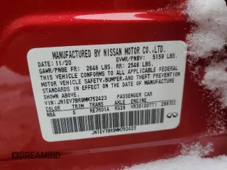2021 Infiniti Q50 Luxe with VIN JN1EV7BR9MM752423, listed as a Copart auction lot 45055345 with 43,835 mi miles and Salvage Title. Bid and sale history available at carsss.com. Image 12.