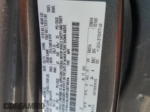 2015 Ford Escape Titanium with VIN 1FMCU9J95FUB74694, listed as a Copart auction lot 65044675 with 159,103 mi miles and Clean title. Bid and sale history available at DreamBid. Image 13.