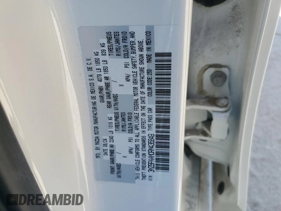 2024 Mazda 3 S с VIN 3MZBPAAM0RM436849, выставлен на аукционе Copart как лот 53386395 с пробегом 3 797 миль миль и Списание • Salvage title. История ставок и продаж доступна на DreamBid. Изображение 12.