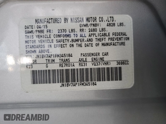 2015 Infiniti Q50 Premium with VIN JN1BV7AP1FM345184, listed as a Copart auction lot 54217045 with 47,638 mi miles and Salvage title. Bid and sale history available at DreamBid. Image 12.