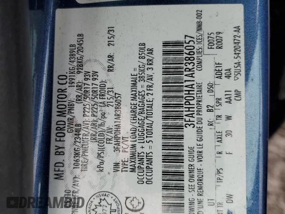 2010 Ford Fusion SE with VIN 3FAHP0HA1AR386057, listed as a Copart auction lot 55296425 with 134,993 mi miles and Salvage Title. Bid and sale history available at DreamBid. Image 12.