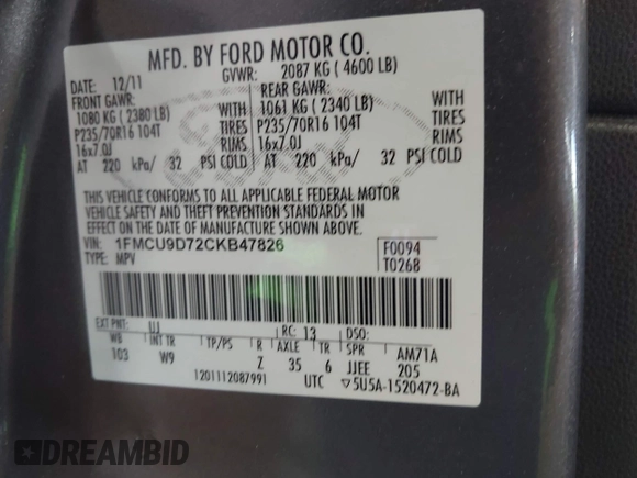 2012 Ford Escape XLT with VIN 1FMCU9D72CKB47826, listed as a IAAI auction lot 42706327 with 172,202 mi miles and . Bid and sale history available at DreamBid. Image 9.