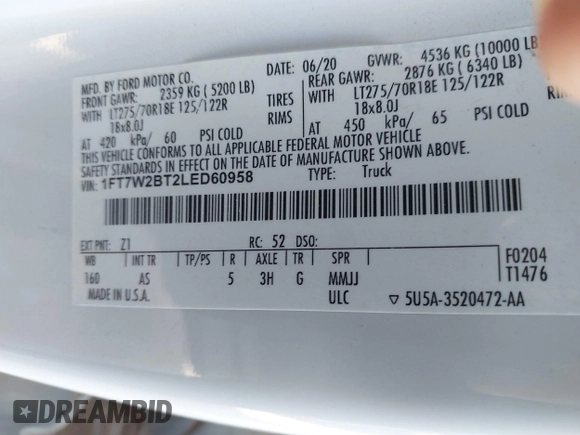 2020 Ford F-250 XL with VIN 1FT7W2BT2LED60958, listed as a IAAI auction lot 42661421 with 107,199 mi miles and . Bid and sale history available at DreamBid. Image 8.