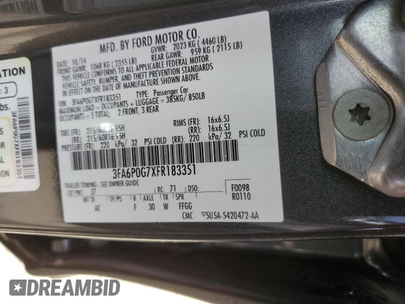 2015 Ford Fusion S with VIN 3FA6P0G7XFR183351, listed as a Copart auction lot 52953975 with 147,646 mi miles and Salvage Title. Bid and sale history available at DreamBid. Image 14.