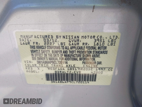 2012 Nissan Sentra S with VIN 3N1AB6AP9CL720114, listed as a IAAI auction lot 42730343 with 144,919 mi miles and . Bid and sale history available at DreamBid. Image 9.