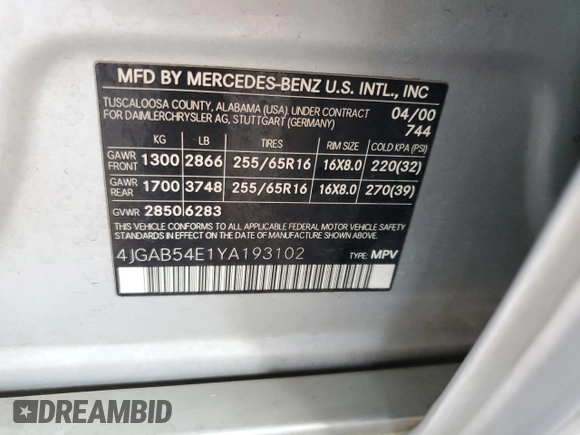 2000 Mercedes-Benz M-Class with VIN 4JGAB54E1YA193102, listed as a Copart auction lot 74294404 with 202,107 mi miles and Salvage Title. Bid and sale history available at carsss.com. Image 14.