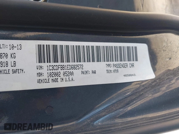 2014 Dodge Dart SXT with VIN 1C3CDFBB1ED682572, listed as a IAAI auction lot 42059940 with 128,593 mi miles. Bid and sale history available at carsss.com. Image 9.