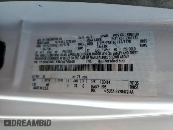 2011 Ford Econoline Passenger XL with VIN 1FBNE3BLXBDA75840, listed as a Copart auction lot 72030614 with 57,183 mi miles and Salvage Title. Bid and sale history available at DreamBid. Image 14.