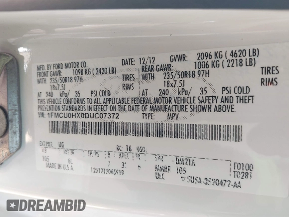 2013 Ford Escape SEL with VIN 1FMCU0HX0DUC07372, listed as a IAAI auction lot 41740884 with 96,436 mi miles and . Bid and sale history available at DreamBid. Image 9.