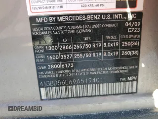 2009 Mercedes-Benz M 3.5L with VIN 4JGBB56E69A519401, listed as a Copart auction lot 44858425 with 136,857 mi miles and Salvage Title. Bid and sale history available at carsss.com. Image 12.