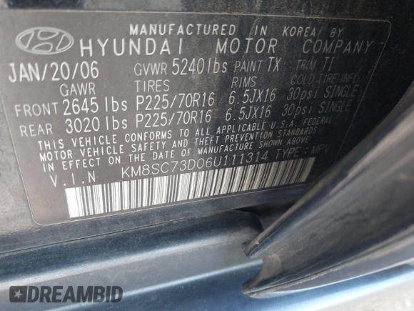 2006 Hyundai Santa Fe GLS with VIN KM8SC73D06U111314, listed as a IAAI auction lot 41874246 with 126,127 mi miles. Bid and sale history available at carsss.com. Image 9.