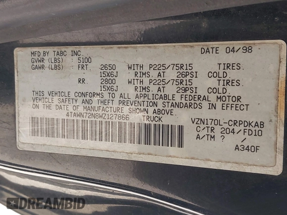 1998 Toyota Tacoma with VIN 4TAWN72N8WZ127866, listed as a IAAI auction lot 42005179 with 304,833 mi miles and . Bid and sale history available at DreamBid. Image 9.