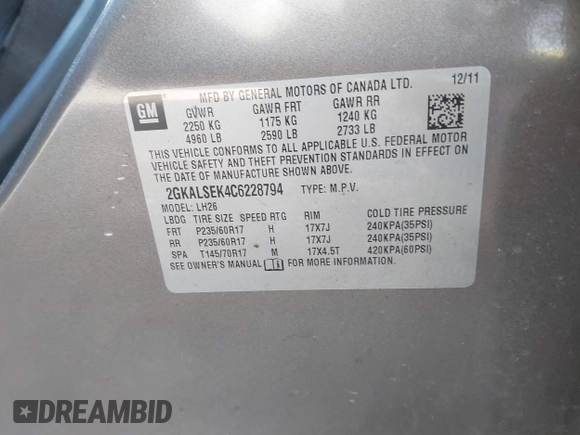 2012 GMC Terrain SLE-2 with VIN 2GKALSEK4C6228794, listed as a IAAI auction lot 40937214 with 144,647 mi miles and . Bid and sale history available at DreamBid. Image 8.