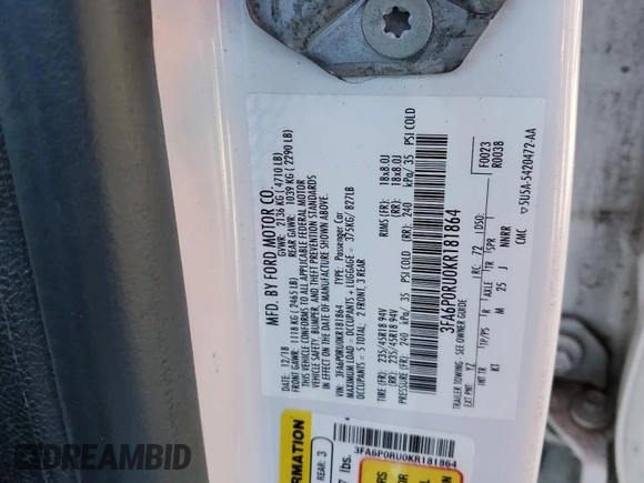 2019 Ford Fusion Hybrid Titanium with VIN 3FA6P0RU0KR181864, listed as a Copart auction lot 68120242 with 102,249 mi miles. Bid and sale history available at carsss.com. Image 12.