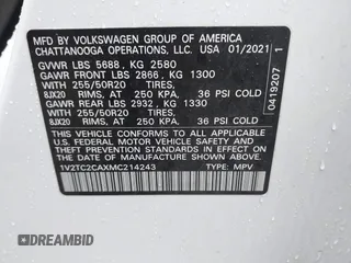 2021 Volkswagen Atlas SEL Premium with VIN 1V2TC2CAXMC214243, listed as a IAAI auction lot 41200408 with 54,902 mi miles and . Bid and sale history available at DreamBid. Image 9.