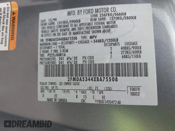1999 Ford Windstar SEL with VIN 2FMDA5344XBA75508, listed as a IAAI auction lot 42088597 with 283,552 mi miles and . Bid and sale history available at DreamBid. Image 9.