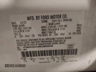 2022 Ford Explorer XLT z VIN 1FMSK8DH4NGB05636, wystawiony jako IAAI lot #42211545 z przebiegiem 55 366 mil mil oraz . Historia ofert i sprzedaży dostępna na DreamBid. Obrazek 9.