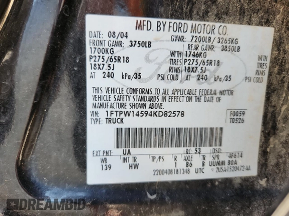 2004 Ford F-150 XLT z VIN 1FTPW14594KD82578, wystawiony jako Copart lot #61647295 z przebiegiem 195 629 mil mil oraz Szkoda całkowita • Salvage title. Historia ofert i sprzedaży dostępna na DreamBid. Obrazek 13.
