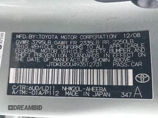 2009 Toyota Prius with VIN JTDKB20U493512731, listed as a IAAI auction lot 42218023 with 167,192 mi miles. Bid and sale history available at carsss.com. Image 9.
