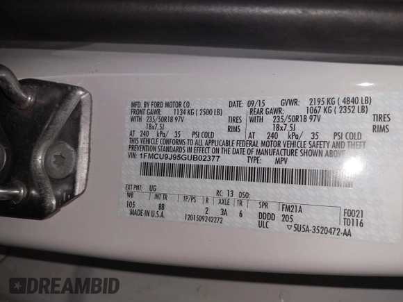 2016 Ford Escape Titanium with VIN 1FMCU9J95GUB02377, listed as a IAAI auction lot 41869557 with 88,441 mi miles. Bid and sale history available at carsss.com. Image 9.