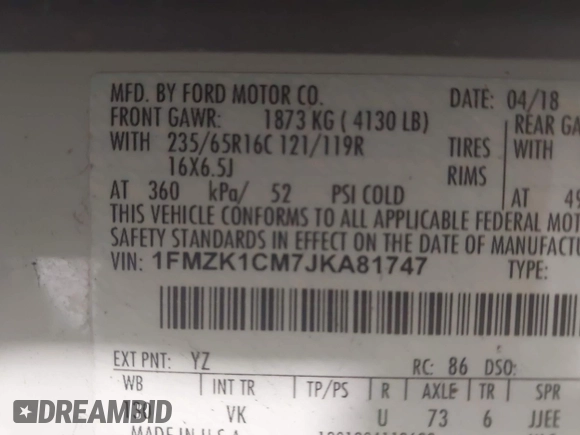 2018 Ford Transit XL с VIN 1FMZK1CM7JKA81747, выставлен на аукционе IAAI как лот 42143608 с пробегом 20 981 миль миль и . История ставок и продаж доступна на DreamBid. Изображение 9.