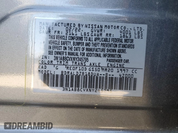 2022 Nissan Sentra SV with VIN 3N1AB8CVXNY245795, listed as a Copart auction lot 52396295 with 37,184 mi miles and Salvage Title. Bid and sale history available at carsss.com. Image 15.
